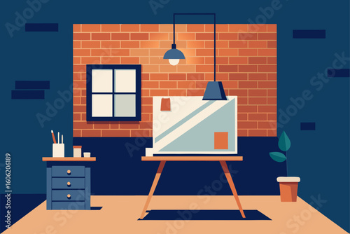 Artist s studio with easel and brick wall