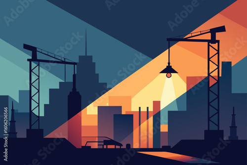 Cityscape construction at dusk with dramatic lighting