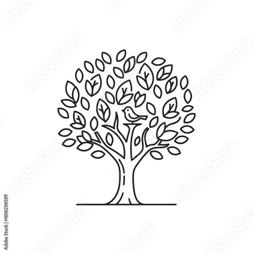 Minimalist Tree Silhouette with Bird Perched on Branch Simple Design.