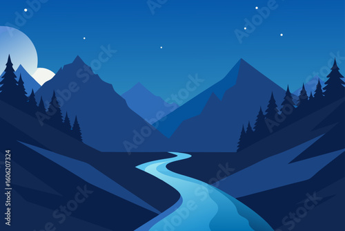 Serene night landscape with winding river and mountains