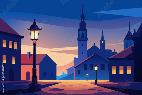 Enchanting european cityscape at dusk with glowing streetlights