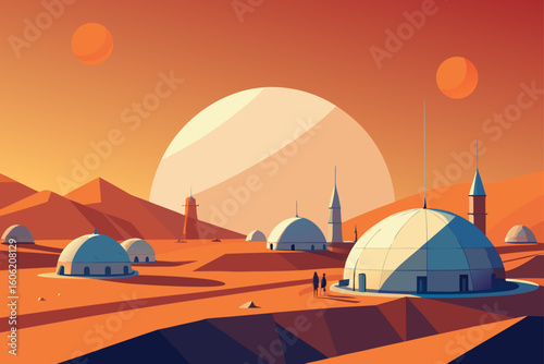 Futuristic dome colony on a desert planet with two suns