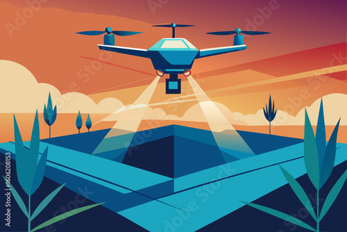 Drone surveying agricultural fields at sunset with geometric landscape