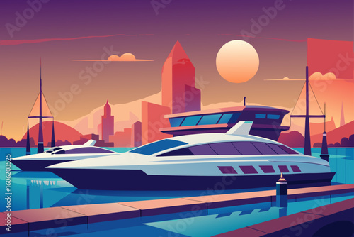 Modern yachts docked in a vibrant city harbor at sunset