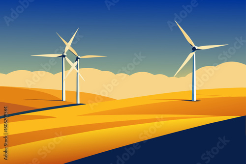 Wind turbines in a stylized landscape under a blue sky