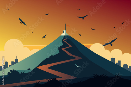 Journey to the summit flag at sunset with flying birds