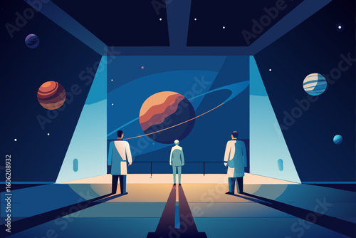 Scientists observe planets from a futuristic space station observation deck