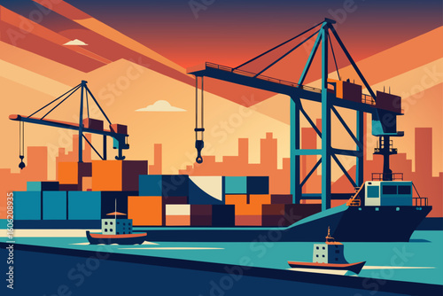 Cargo ship and cranes at a busy port during sunset