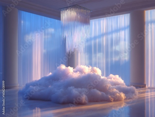 Serene Indoor Scene with Dreamy Floor Clouds and Luminous Lighting