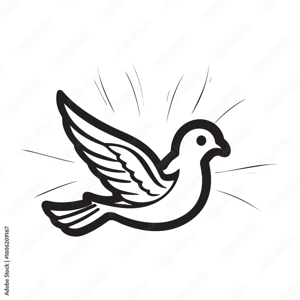 Fototapeta premium Holy Spirit Dove Cookie Cutter Design with Rays, Elegant Feather Details, Crisp Black Lines. 