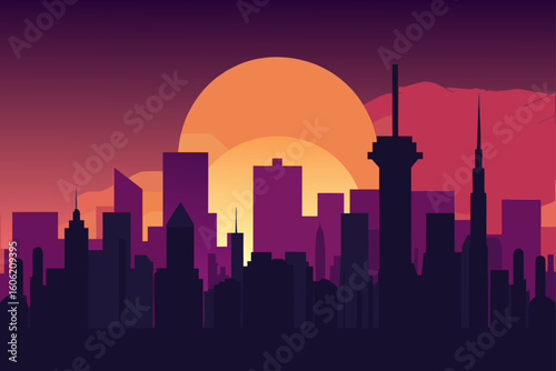 Flat design cityscape silhouette at sunset with large orange sun