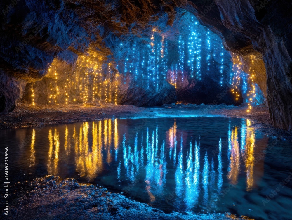 Obraz premium Glowing Yellow and Blue Lights Illuminating a Mysterious Cave with Shadows