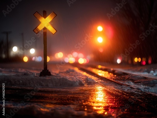 Illuminated Railway Crossing Sign on Snowy Winter Night with Bokeh Lights