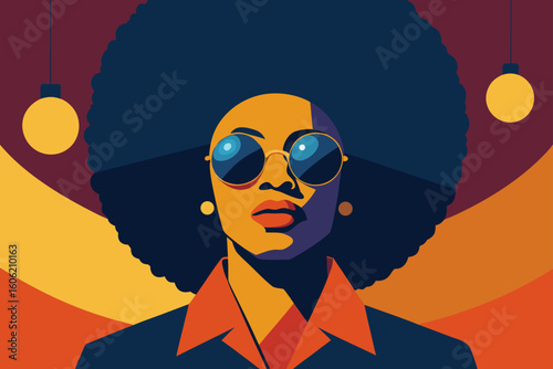 Stylish woman with afro and sunglasses in bold colors