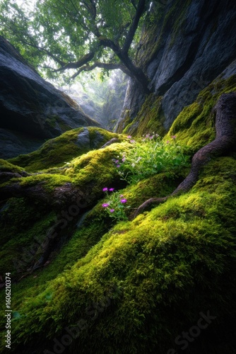 Lush Green Moss and Roots on Rocky Canyon Walls Illuminated by Soft Light