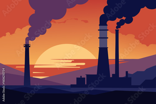 Industrial smokestacks against a fiery sunset sky