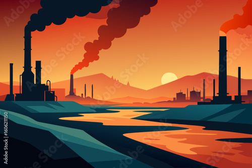 Industrial landscape with smokestacks and polluted river at sunset