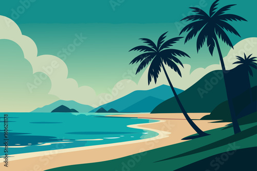 Stylized tropical beach scene with palm trees and mountains