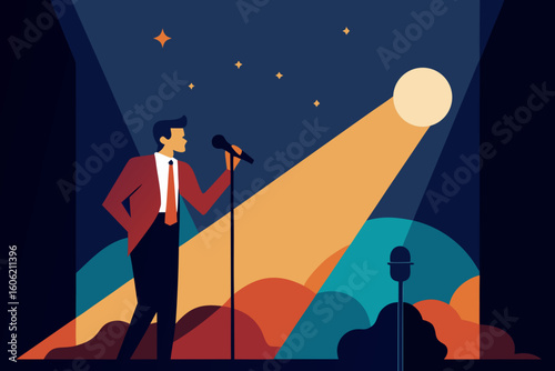 Man in red jacket performs on stage with spotlight and microphones
