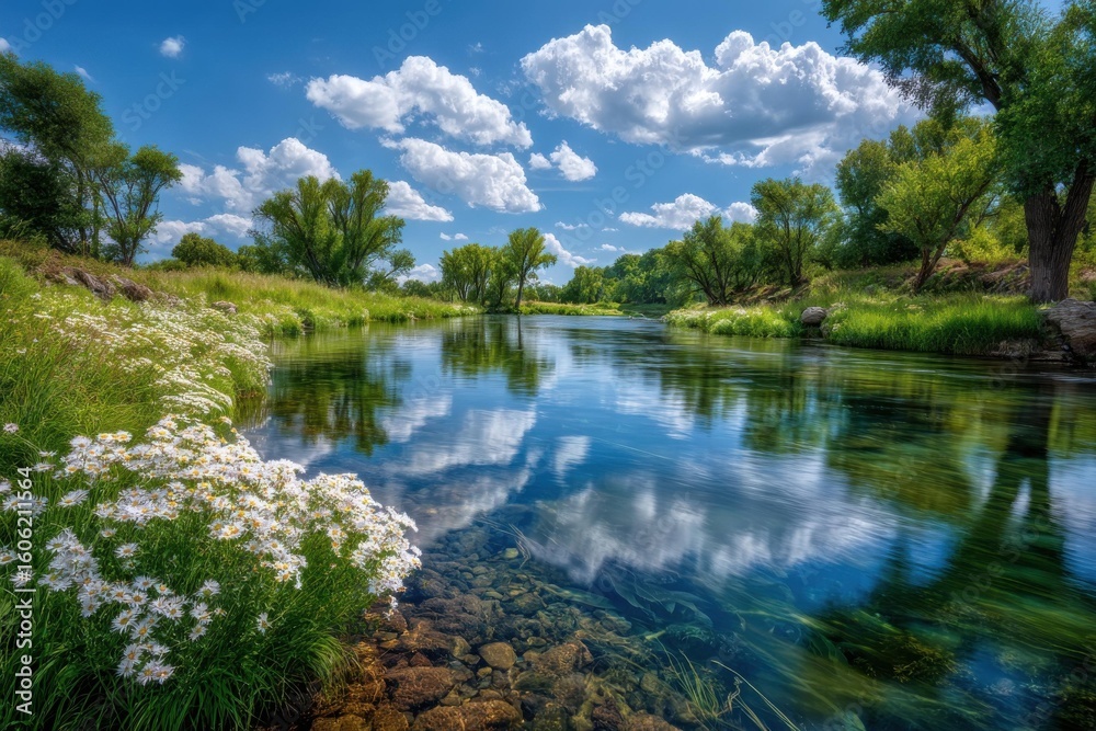 Obraz premium Vibrant Summer Day by Tranquil River with Blooming White Flowers