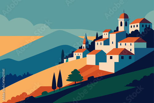 Stylized italian village on a hillside at sunset