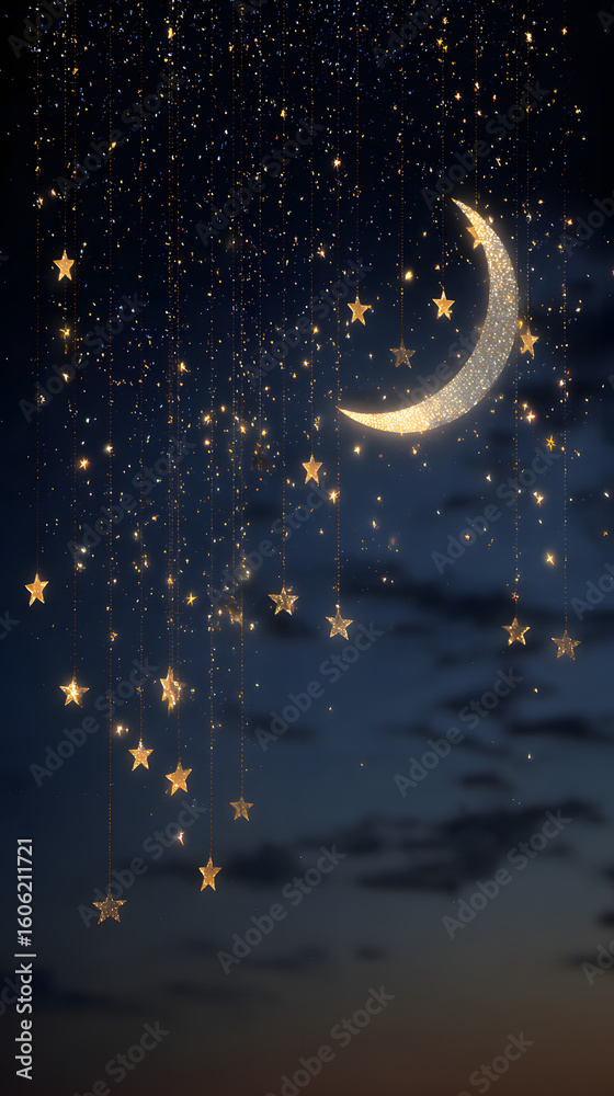 Fototapeta premium Crescent Moon and Hanging Stars in Night Sky
