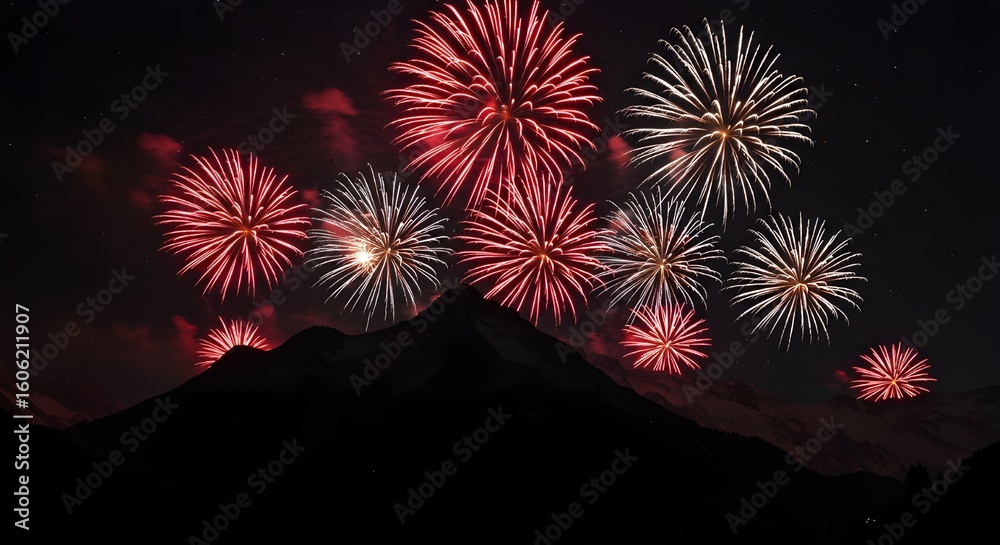 Fototapeta premium Fireworks display over majestic mountains, celebrating a special occasion, a breathtaking view of the night sky with brilliant bursts of color