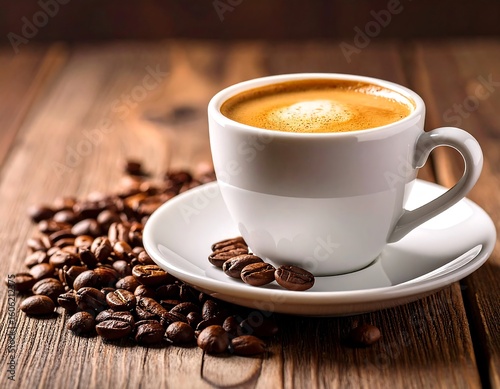 Espresso in white cup, coffee beans