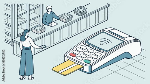 Contactless payment terminal pos system nfc mobile phone paying customer card reader at retail store checkout