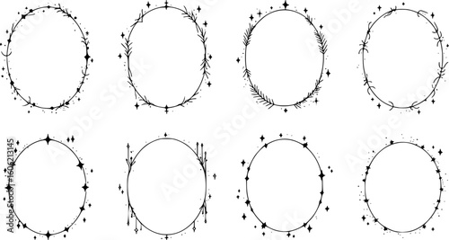 Minimalist linear frames with stars, modern aesthetic line y2k elements, decorative sparkle borders. Abstract boho style oval and arch shapes, outline minimal geometric frame with sparkles vector 