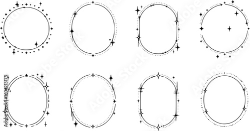 Minimalist linear frames with stars, modern aesthetic line y2k elements, decorative sparkle borders. Abstract boho style oval and arch shapes, outline minimal geometric frame with sparkles vector 