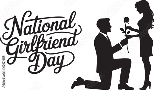 Celebrating National Girlfriend Day A Romantic Silhouette Depicts a Proposal with a Man Offering a Rose to His Partner