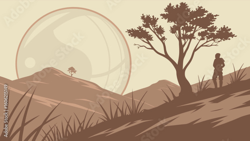 Fantasy landscape with traveler silhouette near tree and large bubble planet vector illustration design