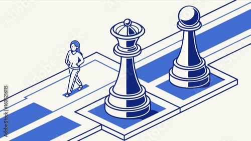 Strategy chess game concept illustration with woman queen and pawn for business and success planning