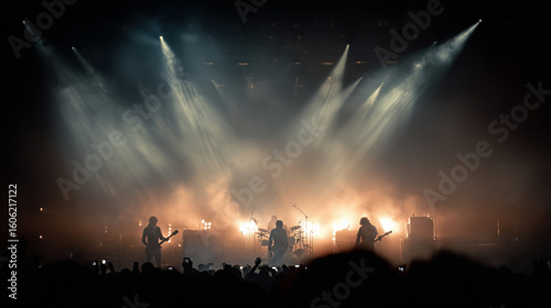 A live concert stage bathed in dramatic spotlights and smoke, with a blurred silhouette of a rock band performing