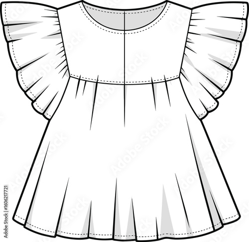 Cad drawing flat vector illustration of a baby girl dress, flutter sleeve dress, infant clothing design, cute toddler outfit, kids summer fashion, children’s 