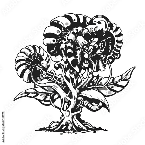 Monochrome stylized botanical illustration of futuristic mechanical flora concept