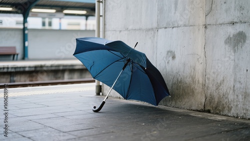 A lonely umbrella stands open against a textured concrete wall at a train station, a testament to the fleeting moments of life and the potential for shelter from the storm.
