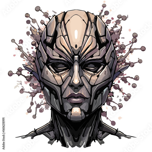 Futuristic biomechanical character illustration with organic and metallic elements