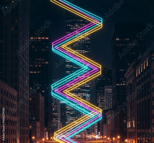 Colorful neon zig zag light installation illuminating Boston skyscrapers at night