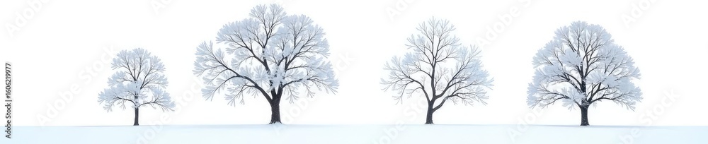 Fototapeta premium Snowy tree branches isolated on white background, serene, isolation, bare trees