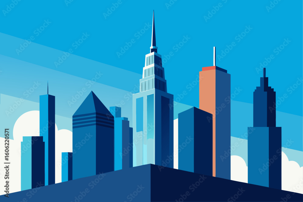Obraz premium Geometric cityscape under a blue sky