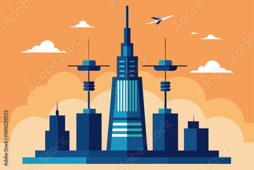 Futuristic cityscape with drones and hot air balloons