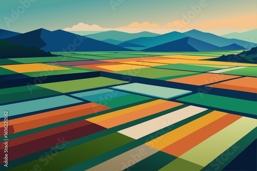 Vibrant geometric farmland with mountain backdrop