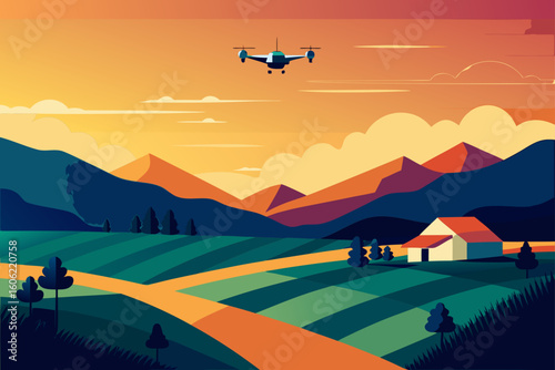 Drone flies over a rural landscape at sunset with a house and trees