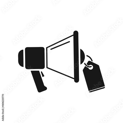 Simple megaphone icon with a price tag, symbolizing a sales announcement, promotion, or marketing campaign.