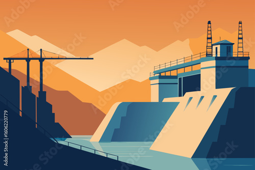 Industrial landscape with crane and elevated structures
