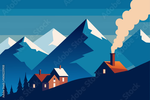 Stylized mountain village with snow capped peaks and smoking chimney