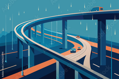 Modern urban overpass with a single car driving