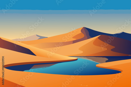 Stylized desert landscape with winding blue river
